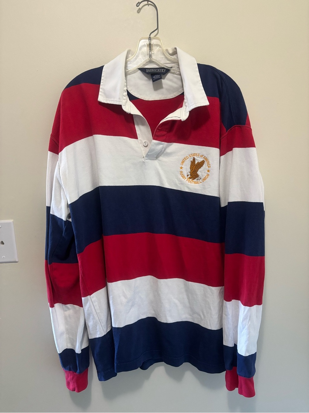 Lands' End Vintage USA Rugby Football Union Eagle Striped Long Sleeve Polo Shirt